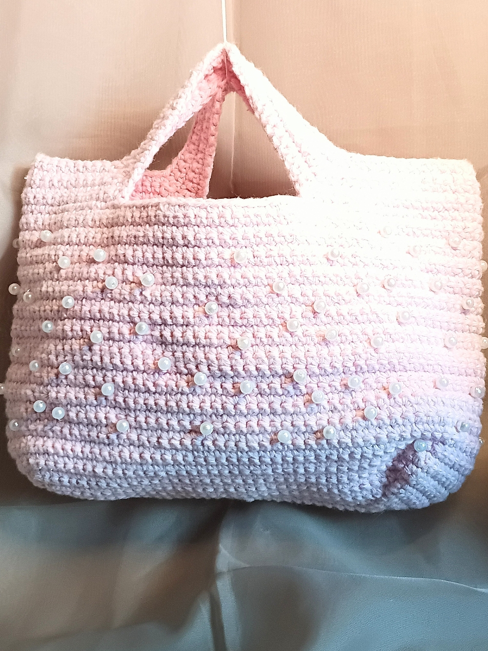 Handcrafted Pastel Pink Crochet Mini Bag with Pearl Accents